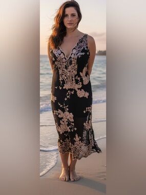 Savy Chic Black Floral Sequins Dress Size Large NWT